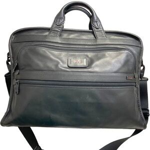 Tumi black leather mens briefcase bag